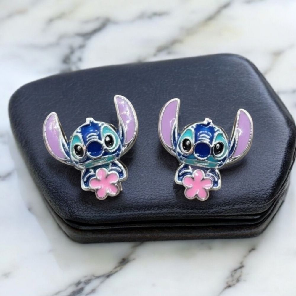 Stitch Flower Stud Earrings Disney Lilo & Stitch Tropical Silver Post Cute Gift - Picture 2 of 6